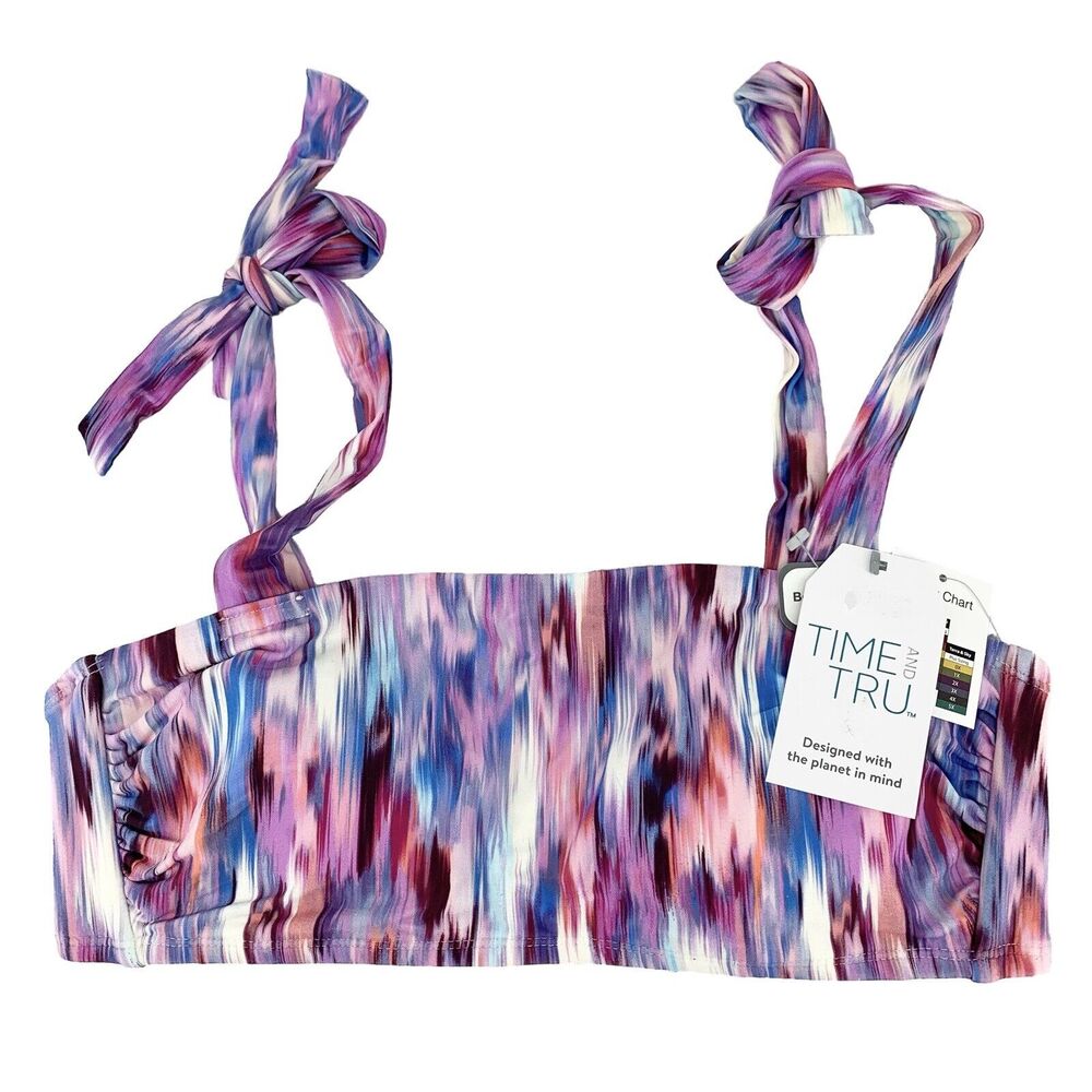 Time & Tru Colorful Artsy Bikini Top Med (8-10) Women Beachy CoconutGirl NWT